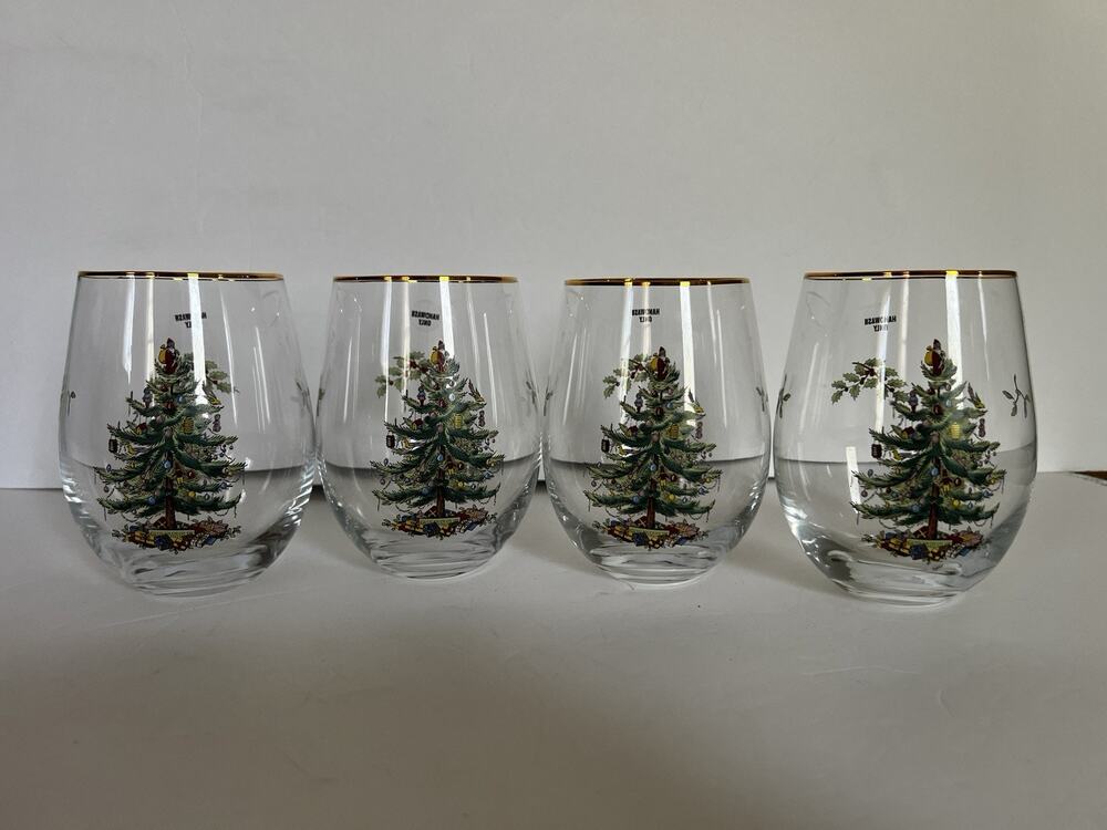 Set of 4 SPODE Stemless Wine Glasses With Gold Trim Christmas Tree Design NEW